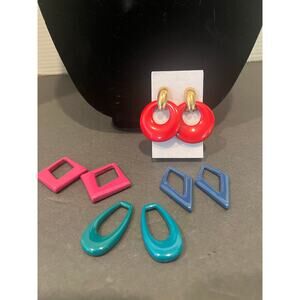 Vtg 1980s 4 Interchangeable Door-Knocker Pcd Post Earrings Red Blue Pink Green